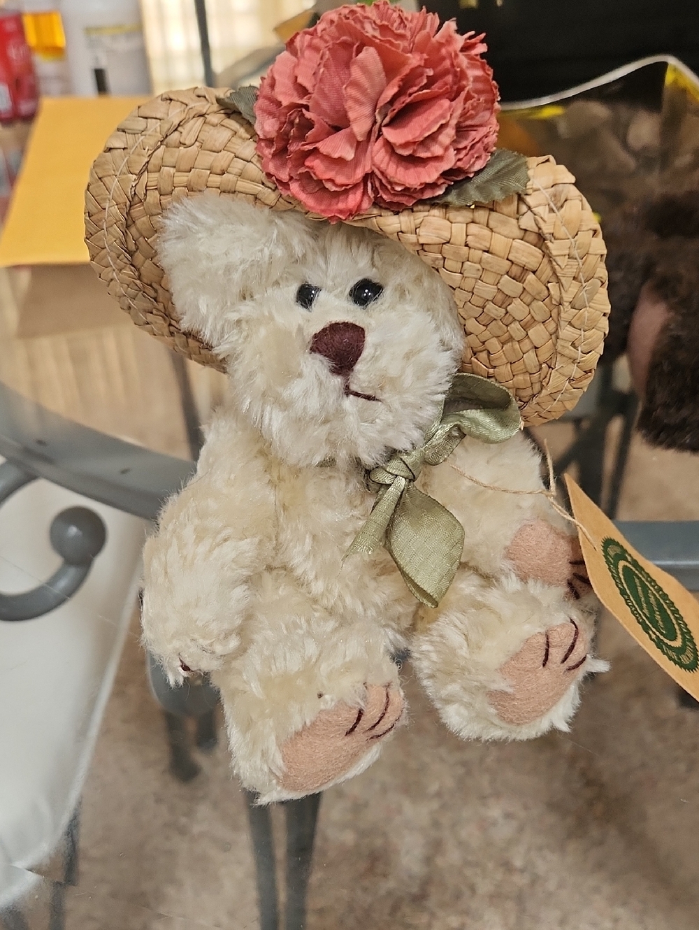 Plush Cream Teddy Bear with Straw Hat and Pink Flower